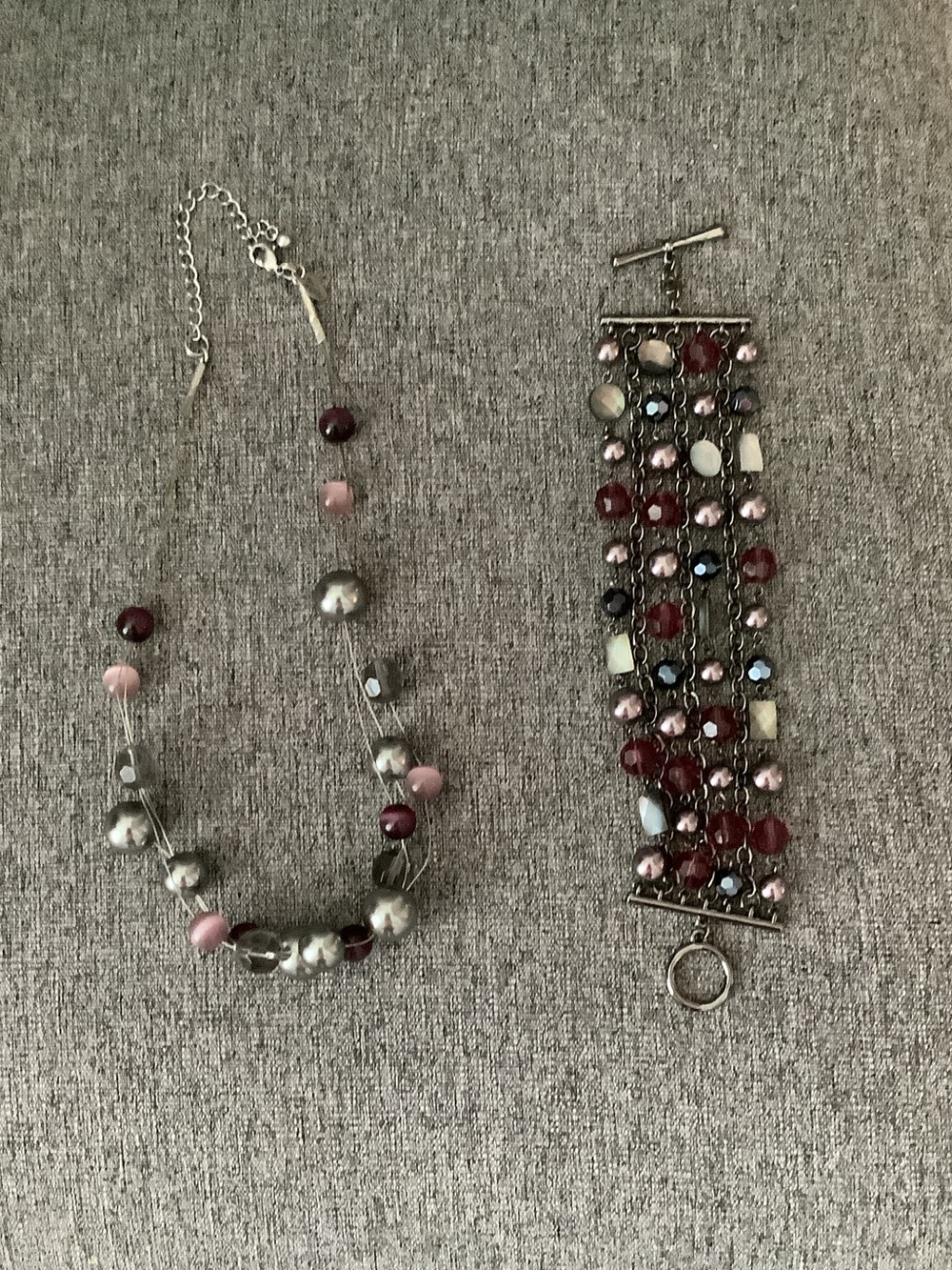 Lia Sophia Pink, Burgundy and Silver Beaded Necklace and Bracelet Set
